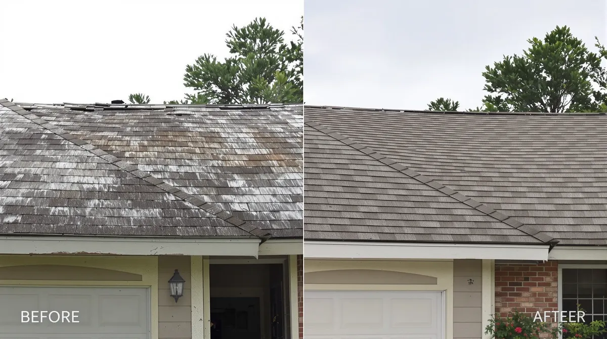 Side-by-side comparison showing a roof section being repaired next to a full roof replacement in progress, illustrating the scope difference between the two options