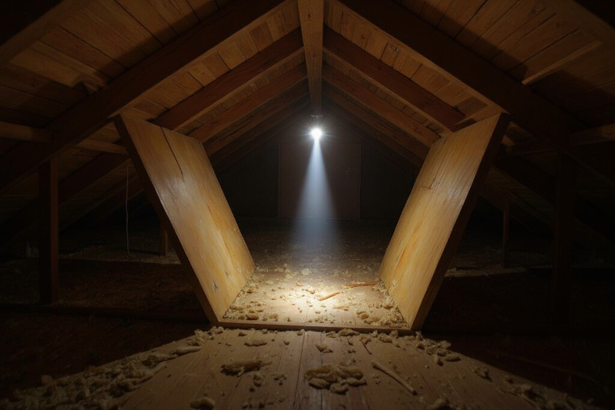 View through an attic access hatch into the dark attic space above a Gulf Coast ranch home, flashlight beam illuminating rafters and roof decking — the homeowner's perspective when performing a basic self-inspection