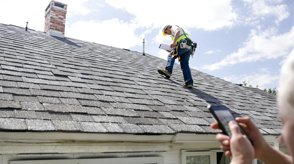 Homeowner's perspective looking up at a roofing professional inspecting shingles and flashing on a residential roof