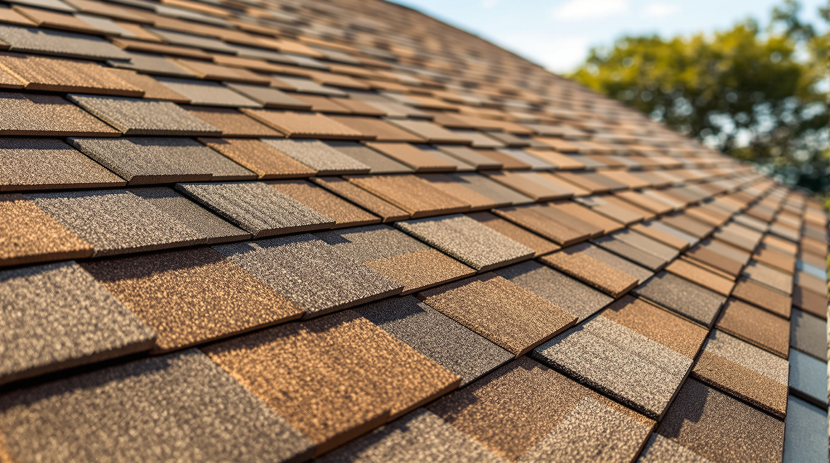 Close-up of architectural dimensional asphalt shingles showing the thick layered tab profile and varied granule texture that distinguishes them from flat 3-tab shingles