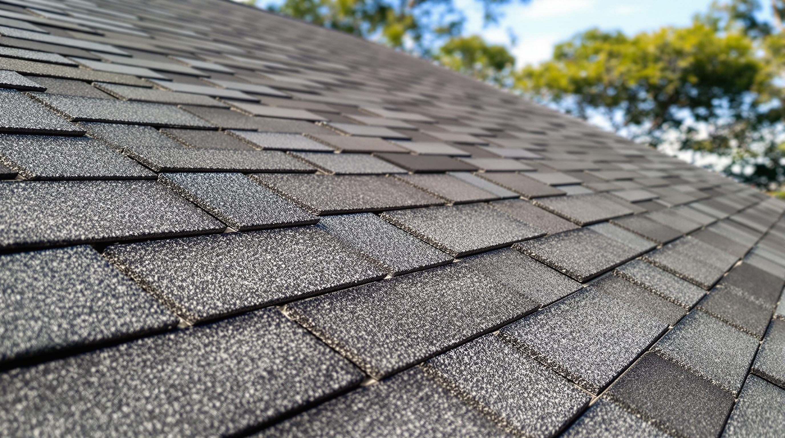 Close-up of 3-tab asphalt shingles showing the flat rectangular tab pattern and granule surface texture, the most common Gulf Coast roofing material from the 1970s through 2000s