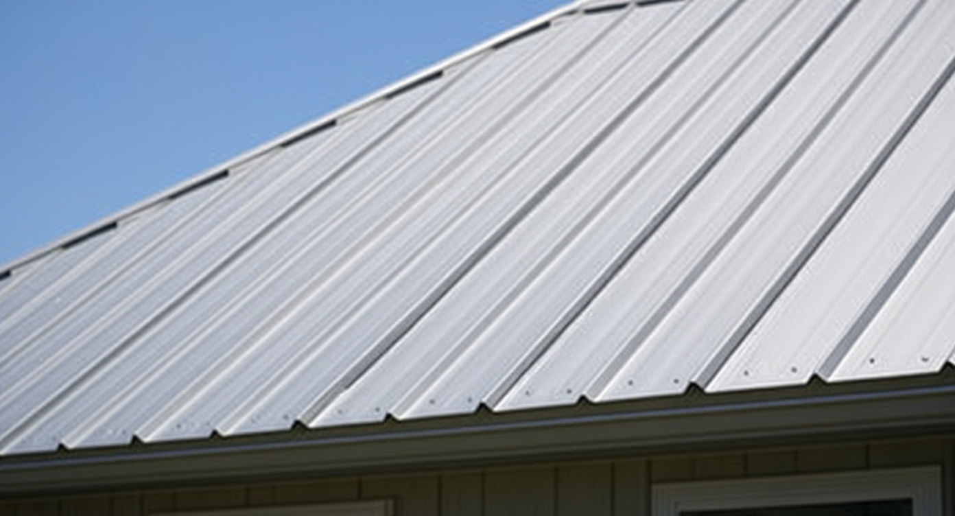 Standing seam metal roof panel showing the raised vertical seam detail, smooth painted panel surface, and locked seam connection typical of premium Gulf Coast metal roofing systems