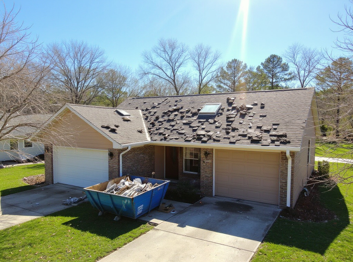 Residential roof replacement in progress on a Gulf Coast brick ranch home with old shingles torn off exposing the decking, new architectural shingles being installed on the lower section, and a dumpster full of debris in the driveway