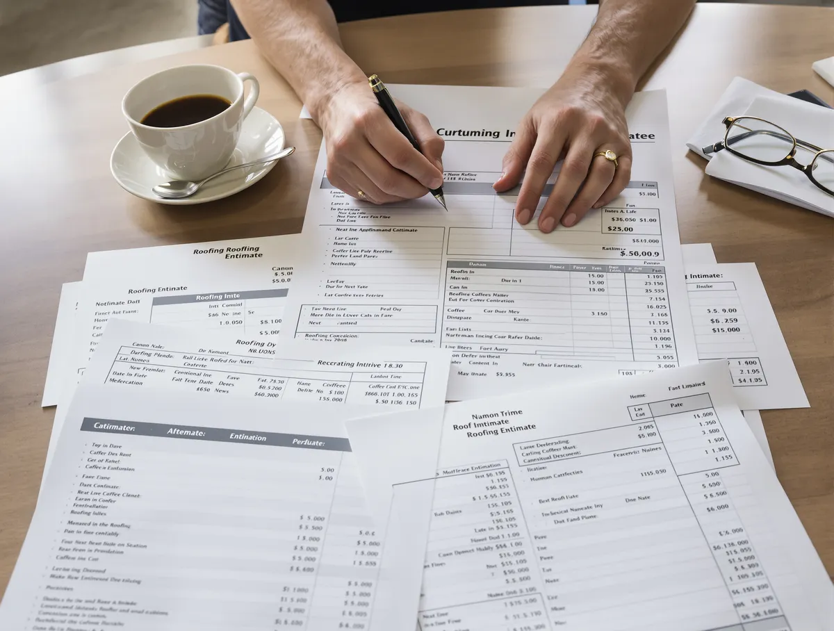 Multiple roofing estimates spread across a table, showing the line-item detail and cost breakdowns homeowners need to compare