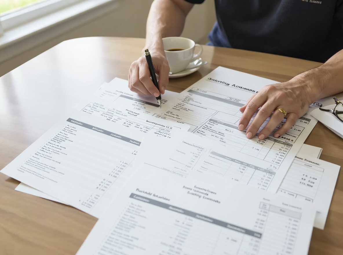 Multiple roofing contractor estimate documents spread on a kitchen table with a homeowner's hand reviewing the line items, showing the comparison process for evaluating competing bids
