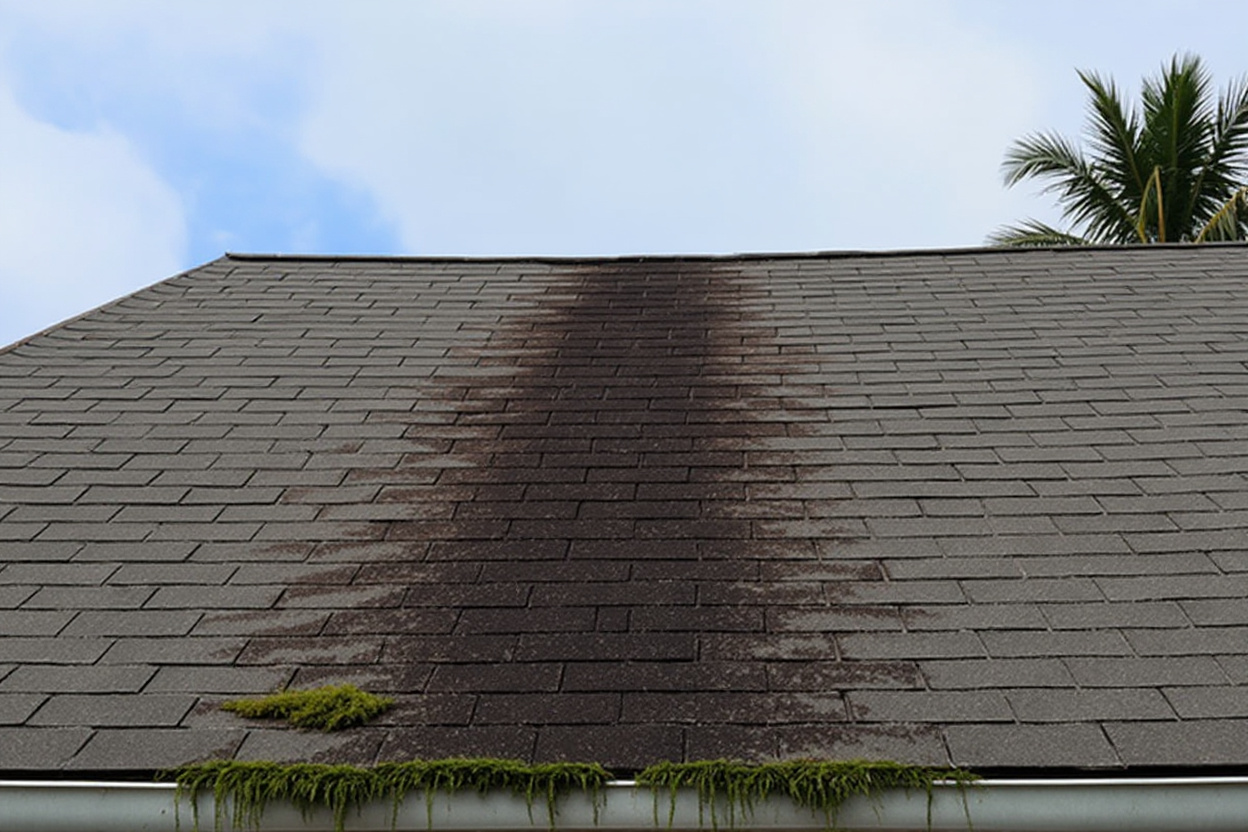 Asphalt shingle roof showing dark algae staining in long irregular streaking patterns running down the slope from the ridge, a common condition on Gulf Coast homes due to the region's high humidity and subtropical climate