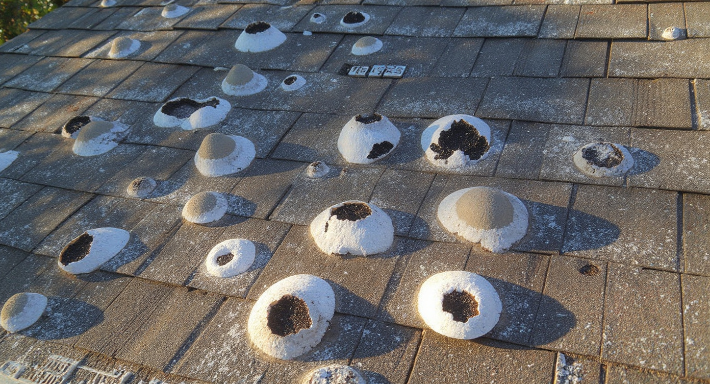 Asphalt shingles on a Gulf Coast home showing blistering — raised bubble-like formations where trapped moisture has expanded under the granule coating, with some blisters having ruptured exposing raw asphalt