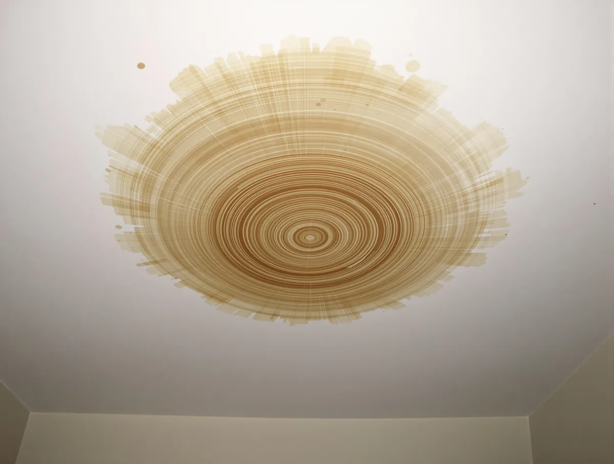 Brown discolored water stain spreading across a white ceiling, showing the irregular edges and ring pattern typical of an active or recent roof leak