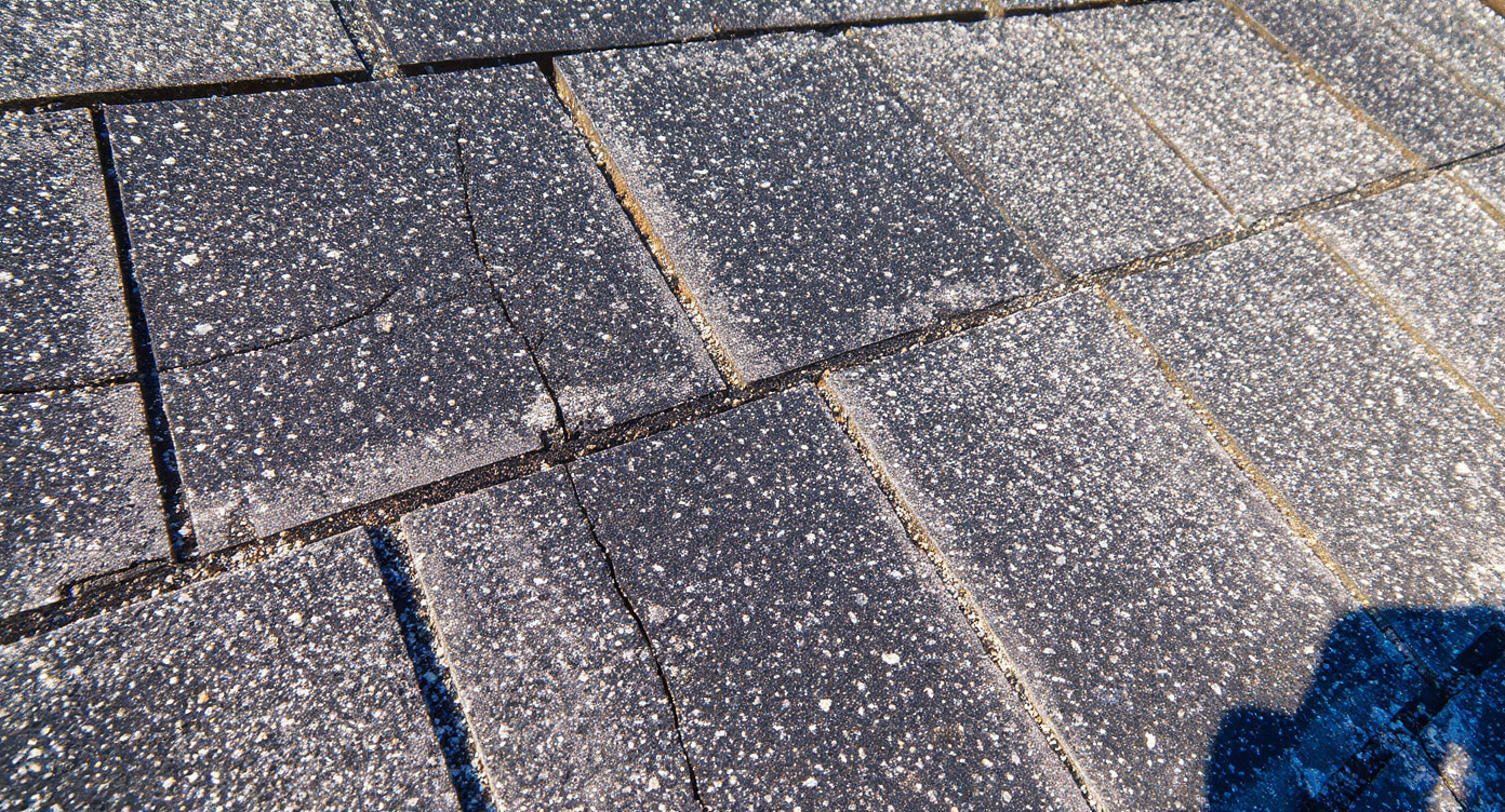 Close-up of cracked asphalt shingles on a Gulf Coast residential roof showing diagonal fractures through the granule surface and exposed fiberglass mat, indicating thermal stress and aging in the humid subtropical climate