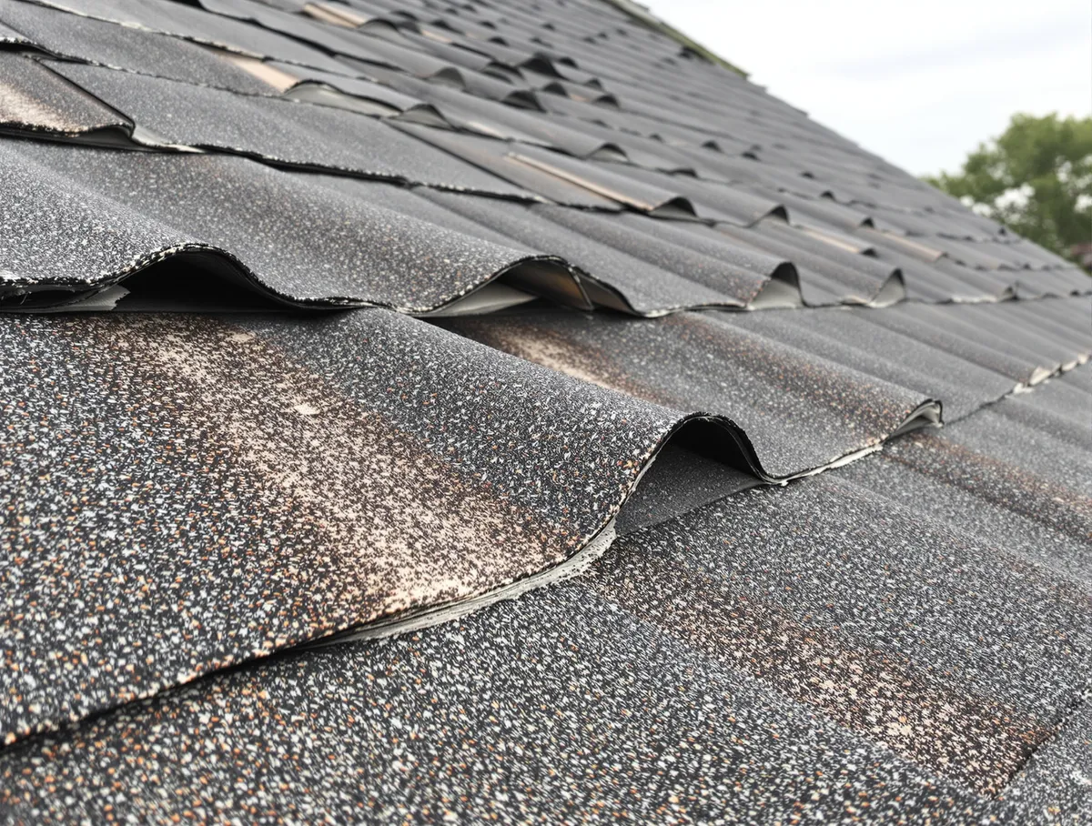 Asphalt shingles with edges curling upward away from the roof surface, showing how aging and heat exposure cause the material to deform