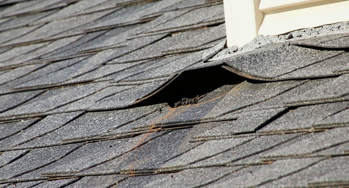 Close-up of damaged metal roof flashing at a roof junction showing lifted edges, separation from the substrate, and rust staining below the gap where water has been infiltrating the roof assembly