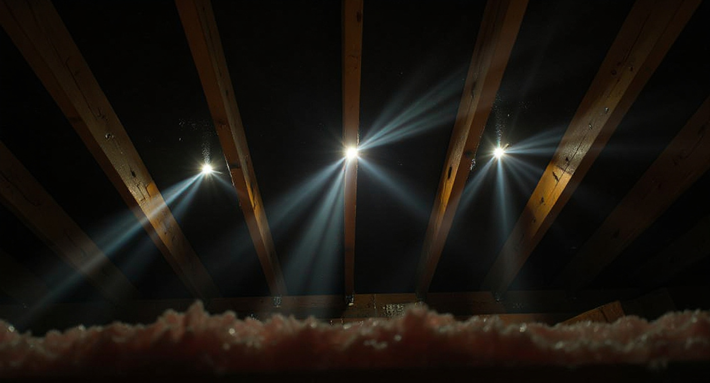 View from inside a dark attic looking up at aging roof decking boards with pinpoints of daylight visible through gaps and deteriorated wood, indicating structural vulnerability to water infiltration