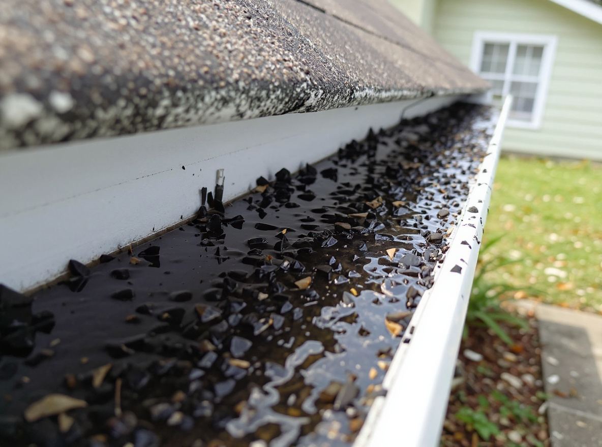 Residential aluminum gutter packed with dark granule sediment washed from aging asphalt shingles above, with standing water unable to drain past the debris blockage — a dual indicator of gutter maintenance and roof wear issues