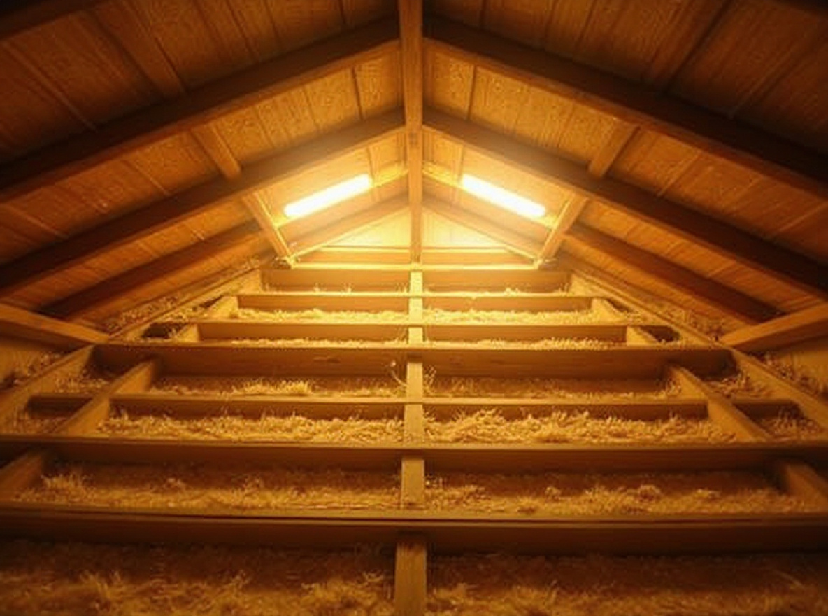 Hot Gulf Coast attic space showing thin inadequate insulation over floor joists, bright sunlight visible at ridge vent gaps, and dusty rafters — the conditions responsible for high summer cooling bills in poorly insulated Gulf Coast homes