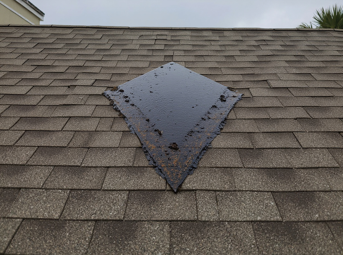 Roof valley junction on a Gulf Coast residential home showing dark water staining and mineral deposits along the valley flashing, revealing the path water follows during heavy rainfall events