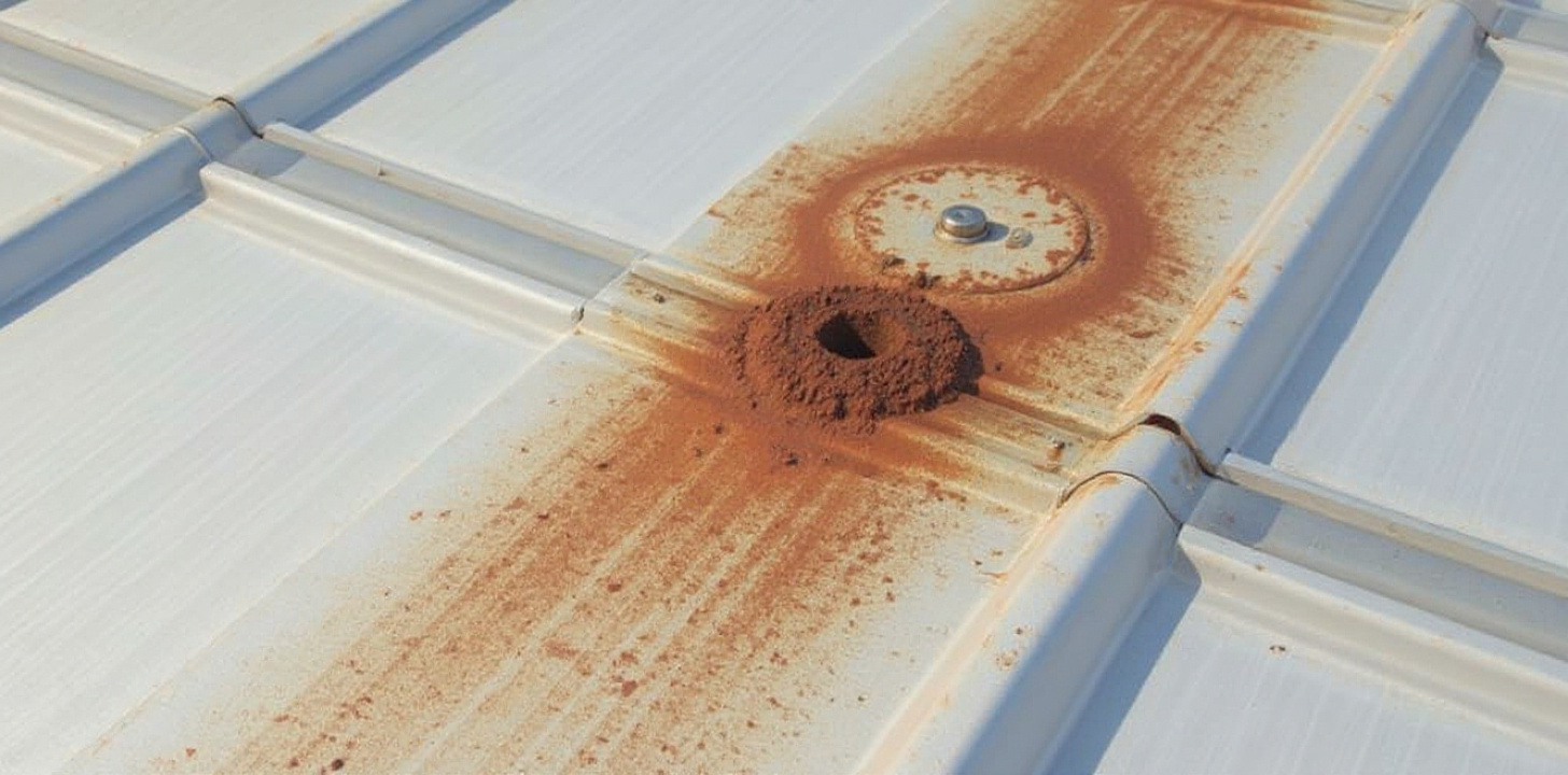 Orange-brown rust oxidation spreading from a screw fastener across a steel metal roof panel on a Gulf Coast home, with rust streaks running downhill and surface paint failing around the corrosion point