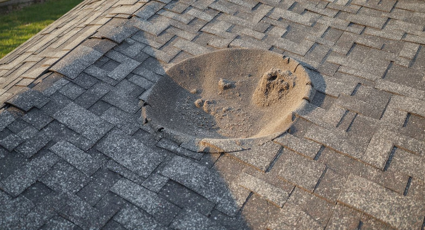 Asphalt shingle roof surface showing a soft spot depression where the underlying decking has deteriorated, creating a subtle sinking or wavy appearance in the shingle plane indicating structural damage below